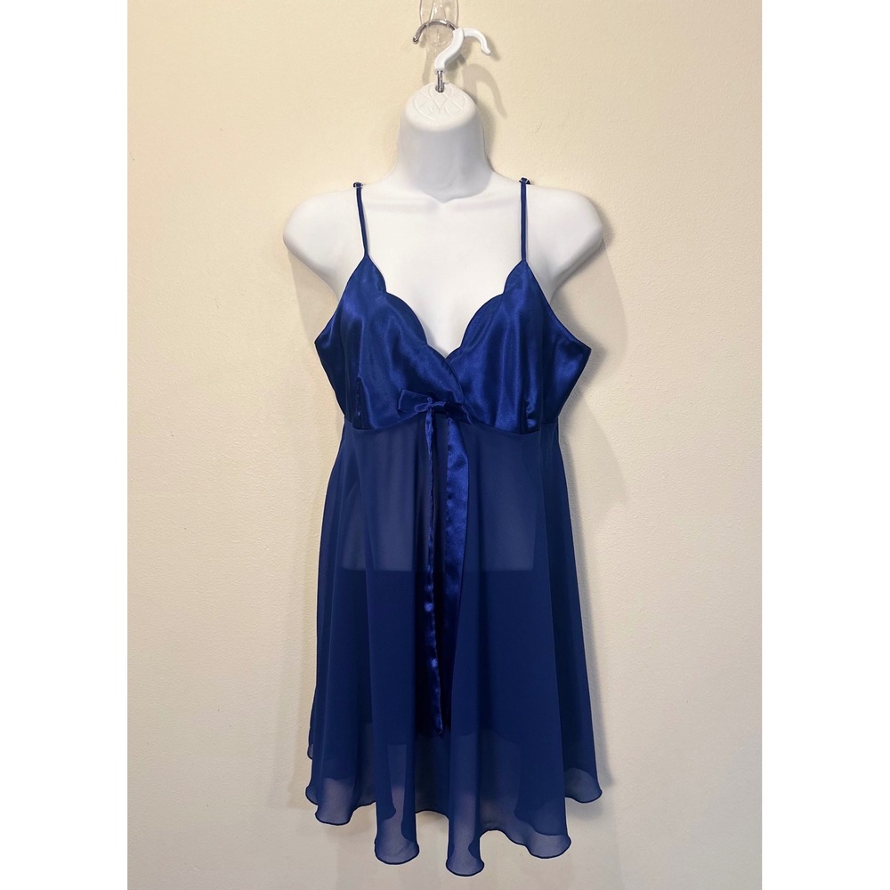 Victoria's Secret Royal Blue Satin Sheer Babydoll‎ Chemise Lingerie Nightie L